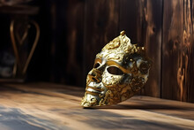 Traditional Golden Carnival Mask On Wooden Background, Close Up, Venetian Masquerade Mask, Festival, Anonymous Crimes Concept