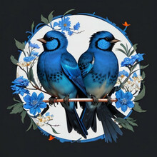Padrão Pássaro Azul Círculo Branco De Fundo E Flor Azul, Fundo Preto