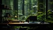 Serene and tranquil workplace with desk computer and stationery in lush, green forest and jungle. Unique and inspiring workspace with nature and corporate life integration. Distant work and remote job