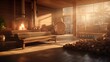 Interior of wooden Finnish sauna with hot steam