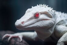 Portrait Of Albino Alligator With Red Eyes And White Skin On A Dark Background. Close Up.