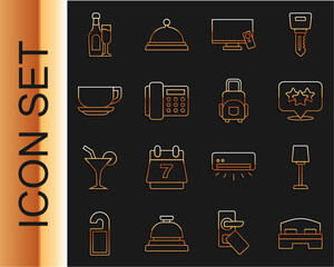 Wall Mural - Set line Hotel room bed, Table lamp, Stars rating, Smart Tv, Telephone handset, Coffee cup, Champagne bottle with glass and Suitcase icon. Vector