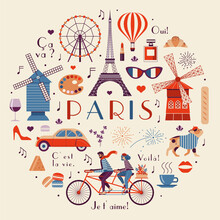 Paris Vintage Travel Illustration N Circle Shape