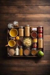 Wall Mural - A variety of delicious food displayed on a wooden tray