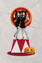 Poster - Picture collage of two charming girls standing platform podium having fun theme helloween event isolated on drawing background