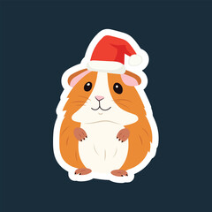 Wall Mural - Sticker Little red guinea pig in a Santa Claus hat sits on a blue background