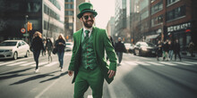 Man In A Green Suit And Hat On The Street