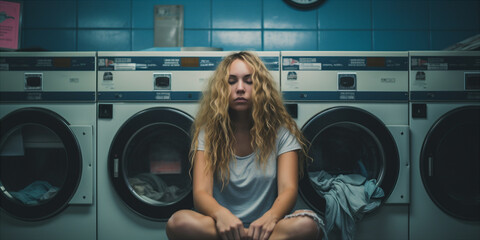 Woman long hair bored waiting at a laundromat
