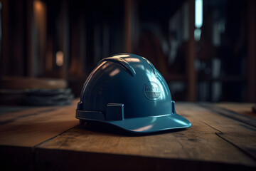 Blue hard hat on construction site background with copy space. Industrial concept, work protection, construction safety industry concept