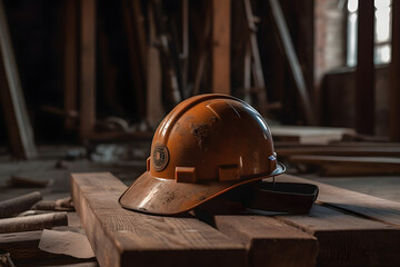 Brown hard hat on construction site background with copy space. Industrial concept, work protection, construction safety industry concept