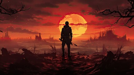 Canvas Print - Game Art Piece That Captures a Significant Moment in the Middle of a Hero's Journey through a Post-Apocalyptic World the Protagonist a Resilient Survivor Stands at the Threshold of a Crumbling