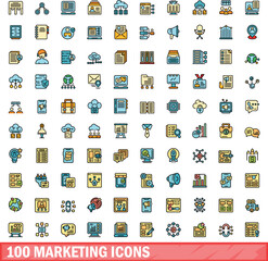 Wall Mural - 100 marketing icons set. Color line set of marketing vector icons thin line color flat on white