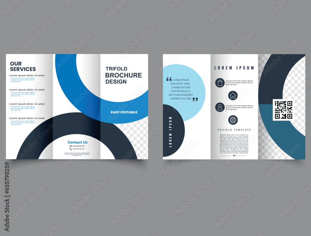 Trifold Brochure Layout with Circles. Vector editable template. Stock