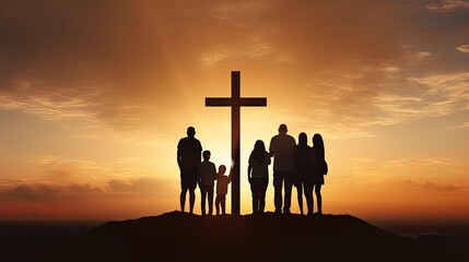 Wall Mural - Silhouette Family and Christian Cross at Sunset for Praying Religion and Funeral Social Gathering People and Crucifix Statue at Sunrise for Prayer Worship and Religion Community