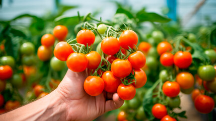 Wall Mural - Close up of bunch of red tomatoes on a hand. Growing tomatoes in a large sunny greenhouse. Organic tomatoes ripening on hanging stalk in greenhouse. AI generated