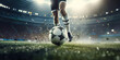 © DELstudio - Generative AI, football boot kicking a soccer ball, goal moment on the stadium