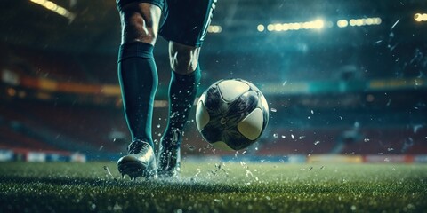 Generative AI, football boot kicking a soccer ball, goal moment on the stadium	
