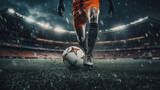 Fototapeta Fototapety sport - Generative AI, football boot kicking a soccer ball, goal moment on the stadium	
