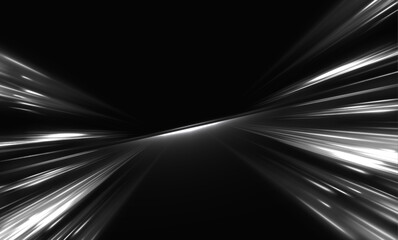 Poster - Panoramic high speed technology concept, white lines on black abstract background. Vector speed of light in space on dark background. 