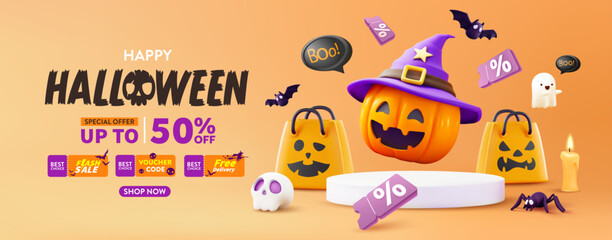 Wall Mural - Halloween Sale Promotion Poster template with Halloween pumpkins,cute ghost,coupon,shopping bag .Website spooky or banner template. Vector illustration eps 10
