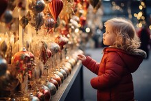 A Young Child Looking At Christmas Ornaments Outside An Outlet Store, In The Style Of Exquisite Craftsmanship, Light-focused, Interactive Exhibits, Charming Characters, Nanopunk, City Portraits, Light