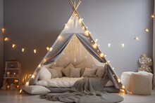 Cozy Kids Room Interior, Scandinavian Nordic Design With Light Garlands And Soft Pillows, Tent Canopy Bed