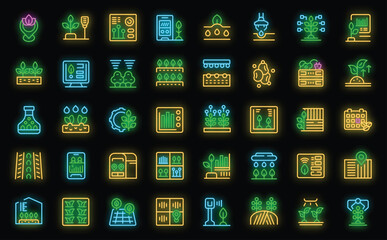 Sticker - Precision farming icons set outline vector. Smart farm. Digital future neon color on black