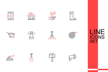 Sticker - Set line Garden hose, Bird house, Shovel, Automatic irrigation sprinklers and Wheelbarrow icon. Vector