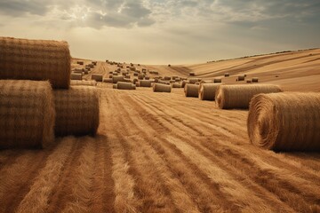 Wall Mural - path through large stacks of hay bales in rolling hills countryside