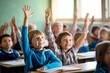 © Nate - students in classroom with hands raised and looking up,, in the style of youthful energy, child-like innocence