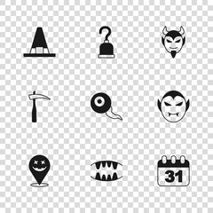 Wall Mural - Set Vampire teeth, Halloween date 31 october, Eye, Devil head, Witch hat, Pirate hook and Scythe icon. Vector