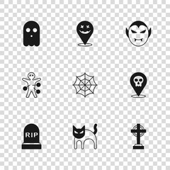 Wall Mural - Set Black cat, Skull, Tombstone with cross, Spider web, Vampire, Ghost, Happy Halloween holiday and Voodoo doll icon. Vector