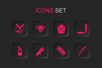 Sticker - Set Flashlight, Deer antlers on shield, Slingshot, Hunting cartridge belt, Trap hunting, gun, Canteen water bottle and Lighter icon. Vector