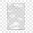 Clear vinyl resealable zipper pouch with cut handle vector mockup. Blank transparent plastic bag with zip lock and hanging hole mock-up. PVC envelope zipper package template