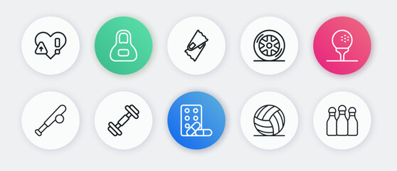 Wall Mural - Set line Sports doping with dumbbell, Golf ball on tee, Baseball bat, Volleyball, Car wheel, Flippers for swimming, Bowling and Dumbbell icon. Vector