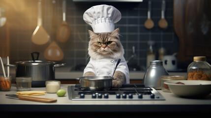 Fluffy chef cat tasting homemade creation.