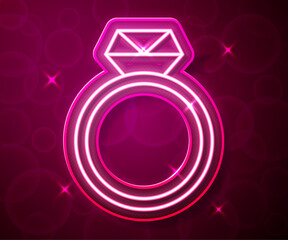 Wall Mural - Glowing neon line Diamond engagement ring icon isolated on red background. Vector