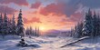 Idyllic winter landscape in the mountains, sunset, illustration