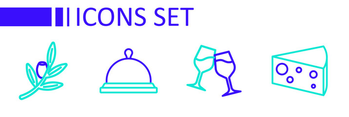 Poster - Set line Cheese, Wine glass, Covered with tray of food and Olives branch icon. Vector