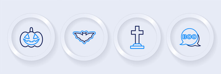 Sticker - Set line Boo speech bubble, Tombstone with cross, Flying bat and Pumpkin icon. Vector