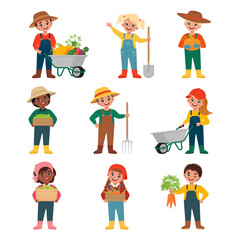 Wall Mural - Happy Kids Harvesting Fruits and Vegetables. Set of working smiling children