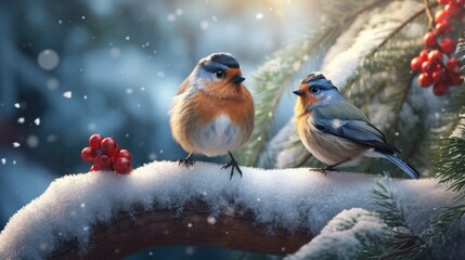 Wall Mural - A couple of birds sitting on top of a snow covered branch