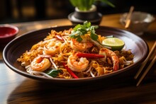 Thai Cuisine Stir Fried Noodles With Shrimp In Pad Thai. Generative AI.