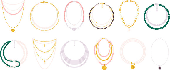 Sticker - Necklace cartoon set. Decorative jewelry female clipart, isolated beads. Stylish trendy accessories, collier and necklaces. Racy fashion vector collection