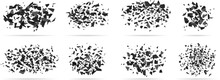 Particles Shatter And Burst. Black Explosion, Glass Or Plastic Broken. Bursts Destructions, Explode Effect With Geometry Confetti, Racy Vector Set