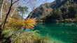 In Jiuzhaigou National Reserve, China, a pristine emerald-green lake mirrors the vibrant autumn foliage, 