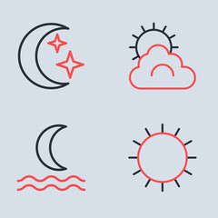 Poster - Set line Sun and cloud weather, Night fog or smoke, and Moon stars icon. Vector