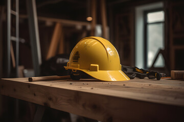 Yellow hard hat on construction site background with copy space. Industrial concept, work protection, construction safety industry concept