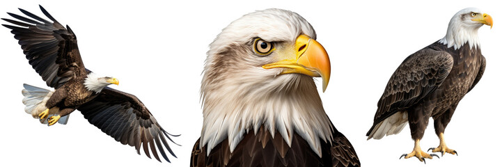 Wall Mural - bald eagle collection (portrait, sitting, flying), animal bundle isolated on a white background as transparent PNG