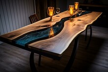Kitchen Table Crafted From Oak And Coated In Epoxy Resin. Generative AI